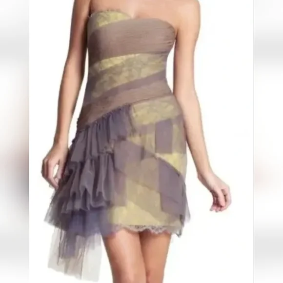BCBG MaxAzria Runway Sz 2 Tulle Lace Yellow Asymmetric Bodycon Dress Retail $429 - Picture 1 of 16
